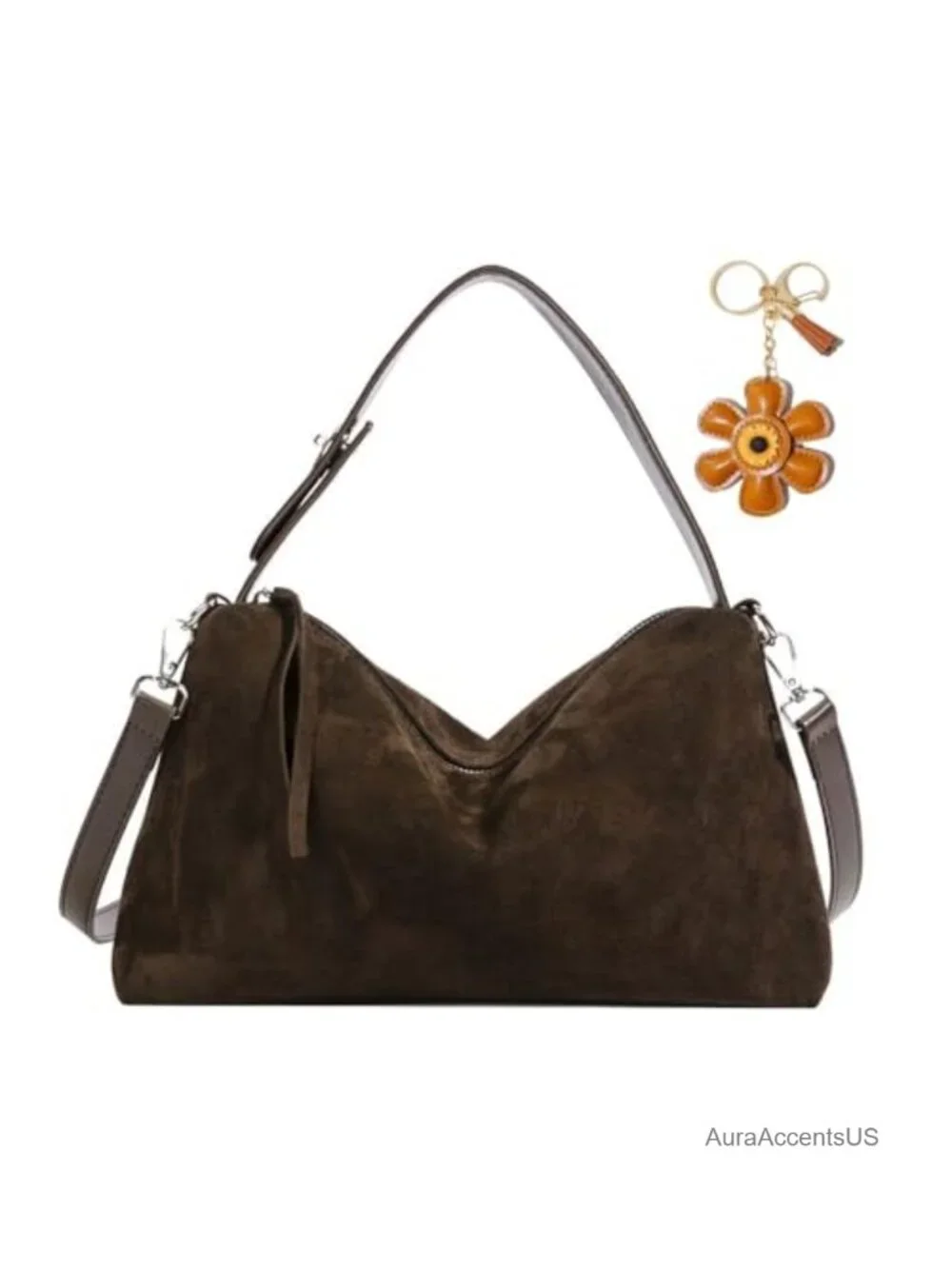 Faux Suede Hobo Bag Women Convertible Crossbody Purse with Flower Keychain